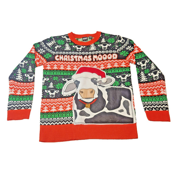 Christmas Xmas Ugly Sweater UNISEX “Christmas Mood Cow” Working Bell Med or XL - Picture 1 of 3